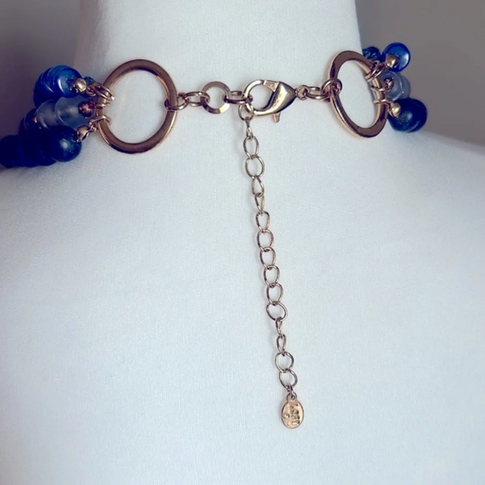 Loft Women’s Statement Multi-Strand Layered Blue and Gold Beaded Necklace